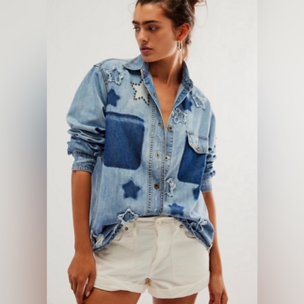 NWT Free people x one teaspoon everyday blue classic star shirt size s